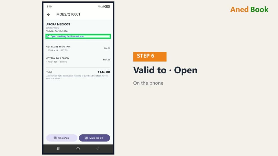 ऊपर लिखा है — Valid to, यानी ये भाव कब तक पक्का है। और हालत — Open, waiting for the custom