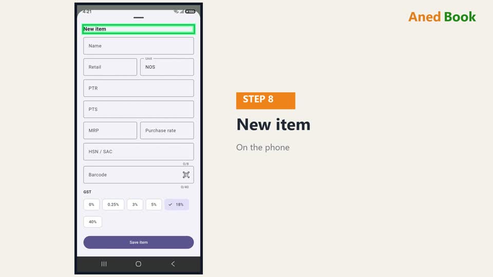 नया item बनाना हो, तो नीचे ये Item का button। New item खुलता है — वही सारे खाने।