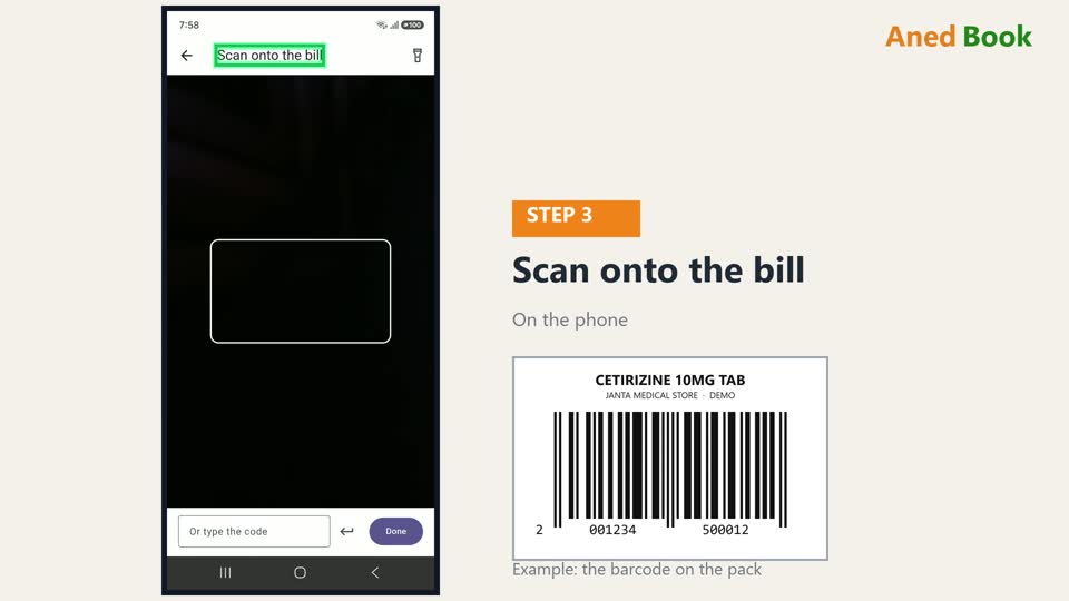 अब ये scan की screen है — Scan onto the bill। Phone का पीछे वाला camera item के barcode पर